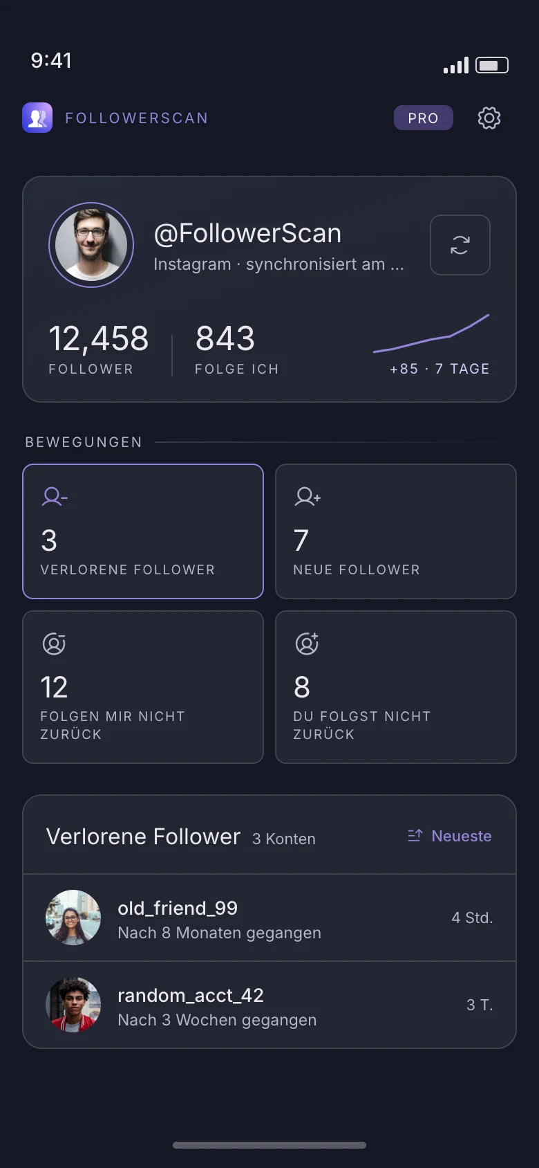 Der Startbildschirm von FollowerScan: Follower- und Gefolgt-Zahlen, die vier Bewegungslisten und Entfolger mit Namen und Datum.