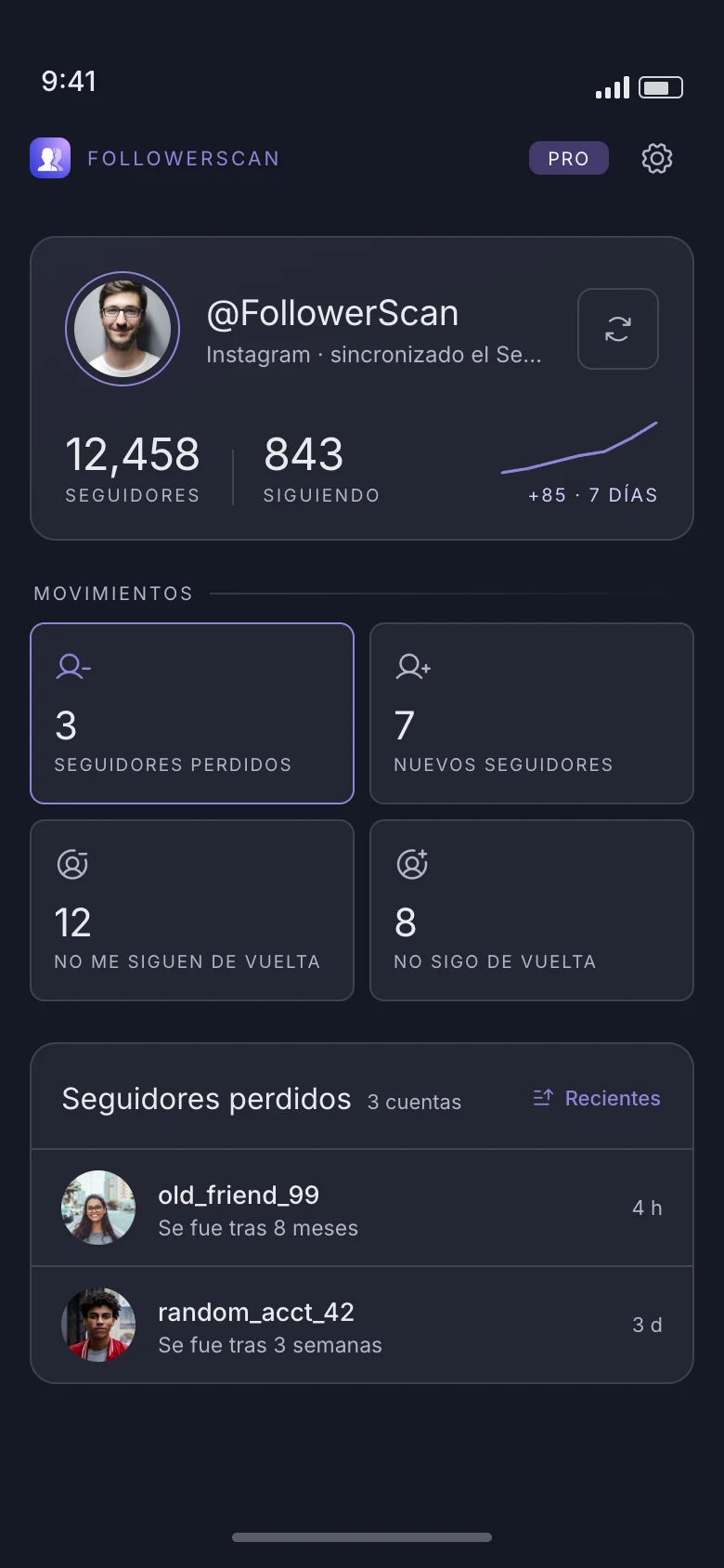La pantalla de inicio de FollowerScan: seguidores y seguidos, las cuatro listas de movimiento, y quién dejó de seguirte con la fecha.
