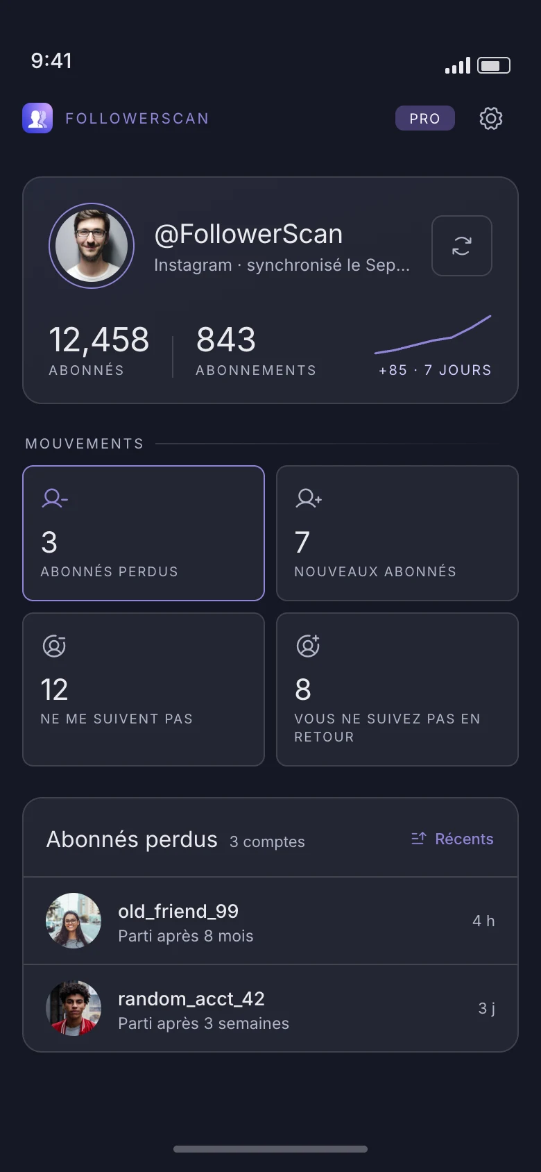 L’écran d’accueil de FollowerScan : nombre d’abonnés et d’abonnements, les quatre listes de mouvements, et les désabonnés nommés avec leur date de départ.