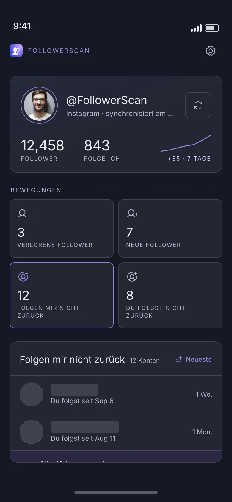 Der Startbildschirm von FollowerScan ohne Pro: die Bewegungszahlen sind sichtbar, die Namen in den Listen bleiben verdeckt.