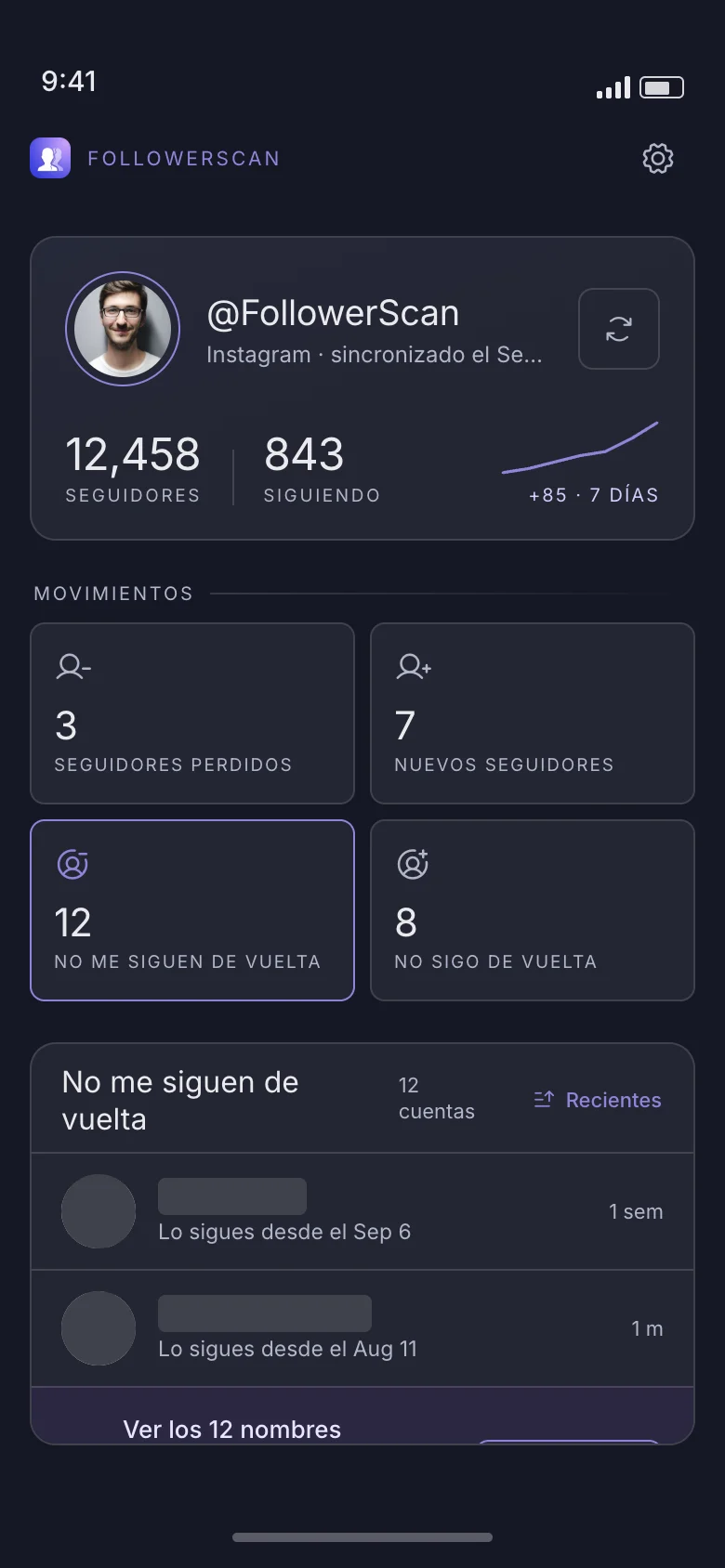 La pantalla de inicio de FollowerScan sin Pro: los contadores de movimiento se ven, pero los nombres de cada lista están ocultos.
