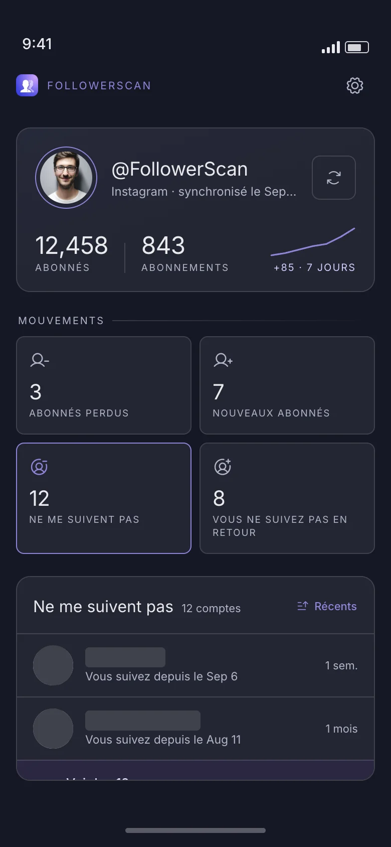 L’écran d’accueil de FollowerScan sans Pro : les compteurs de mouvements sont visibles, mais les noms de chaque liste restent masqués.