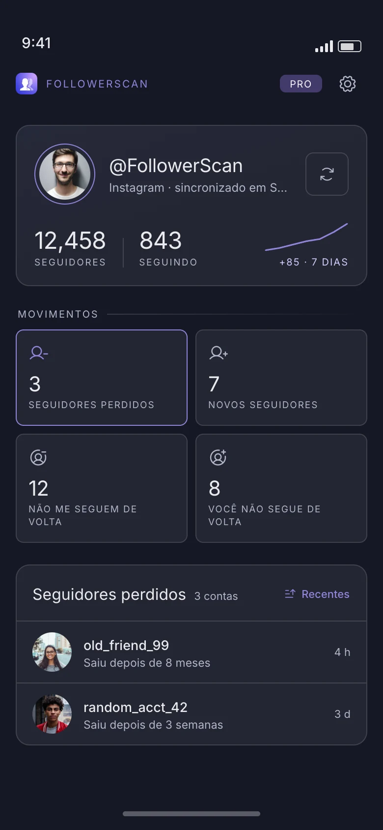 A tela inicial do FollowerScan: seguidores e seguindo, as quatro listas de movimento, e quem deixou de seguir com a data.